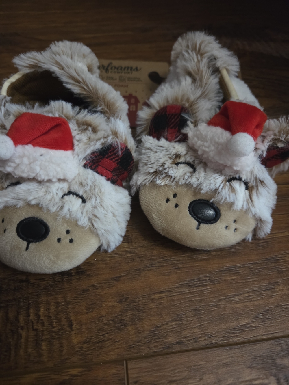 dearfoams Beige Plush Reindeer Slippers with Red Santa Hat Accents